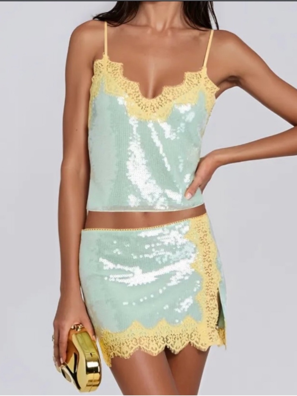 Innovare Denim Mint Sequin Cami & Yellow Lace-Trim Mini Skirt Set